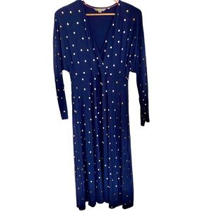 Boden Navy and Gold Faux Wrap Jersey Polka Dot Dress, Size 10
